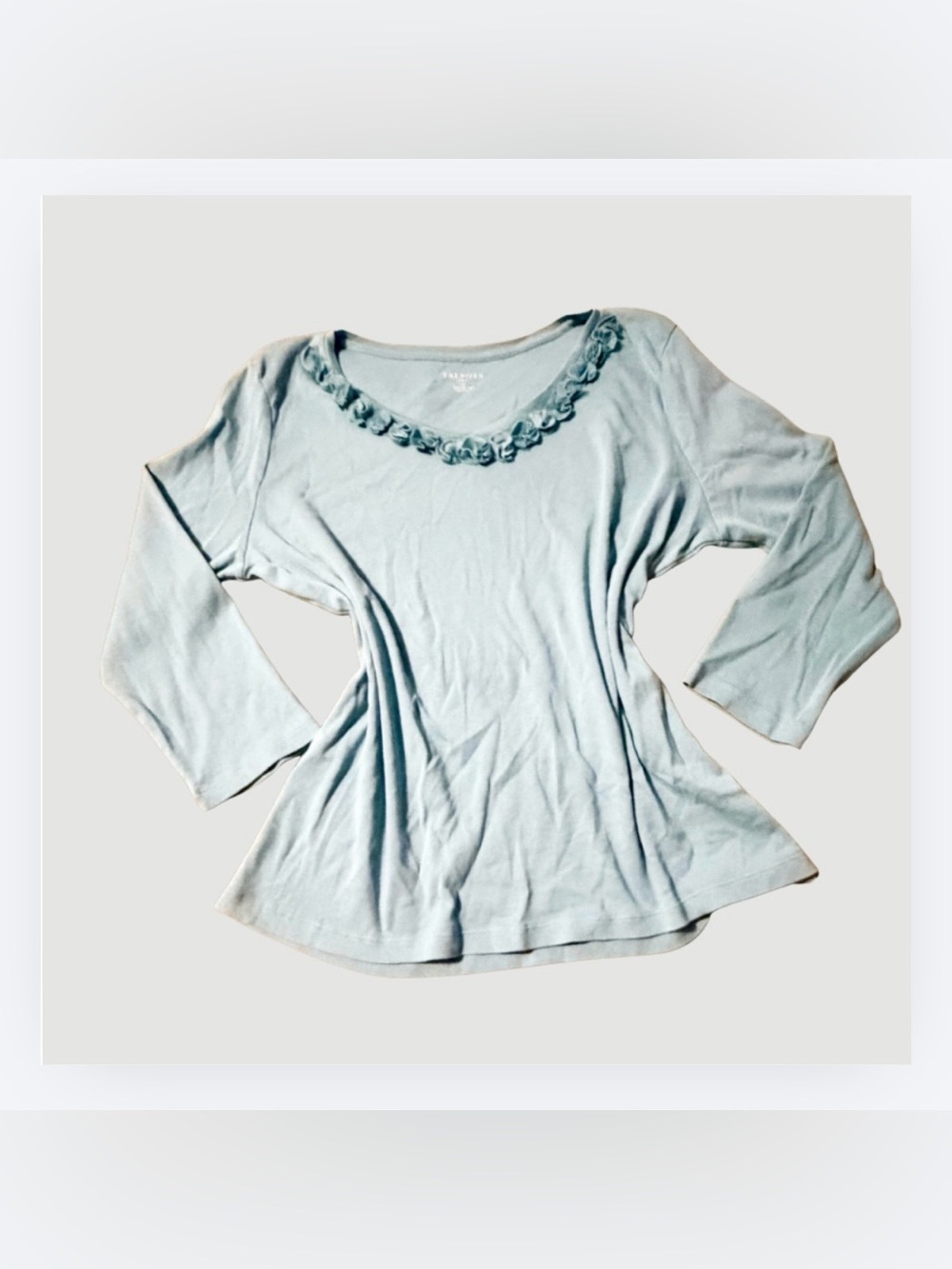 Talbots Pale Blue Scoop-Neck Long Sleeve Top with Rosette Trim, XL, 100% Cotton